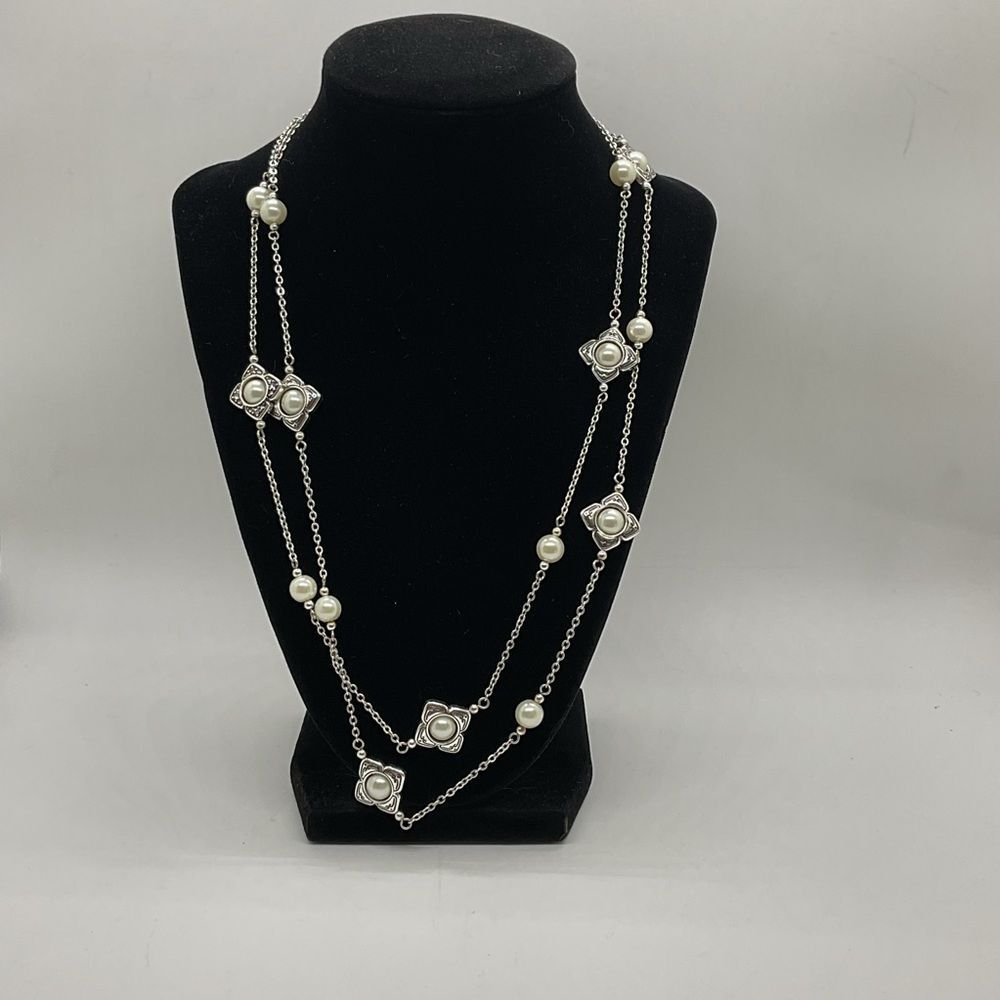 Brighton Alcazar Amor Elegant Silver Plated and Faux Pearl Station Long Necklace